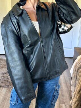 Vintage Trader Bay Black Leather Bomber Jacket Mens L Baggy Moto Bikercore